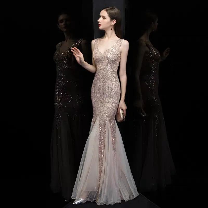 Stunningly sequined  metallic V neck mermaid floor length formal  gown