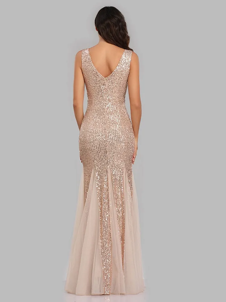Stunningly sequined  metallic V neck mermaid floor length formal  gown