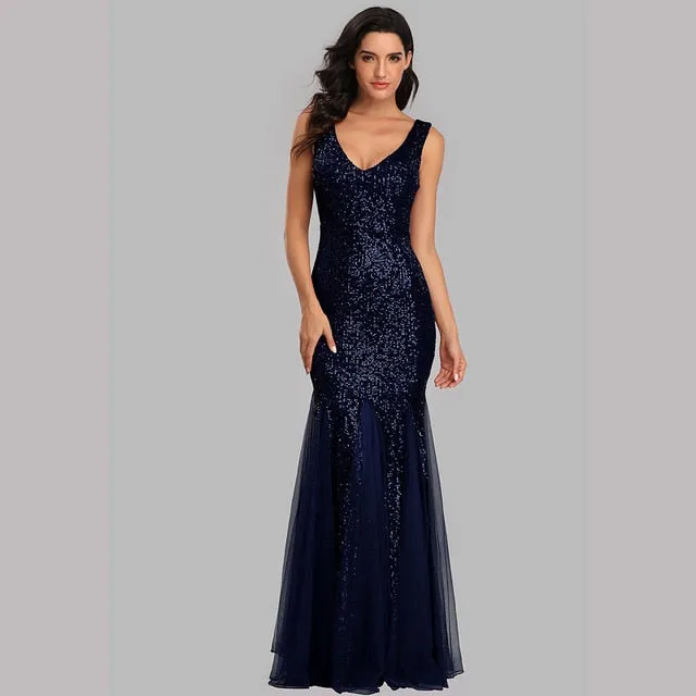 Stunningly sequined  metallic V neck mermaid floor length formal  gown