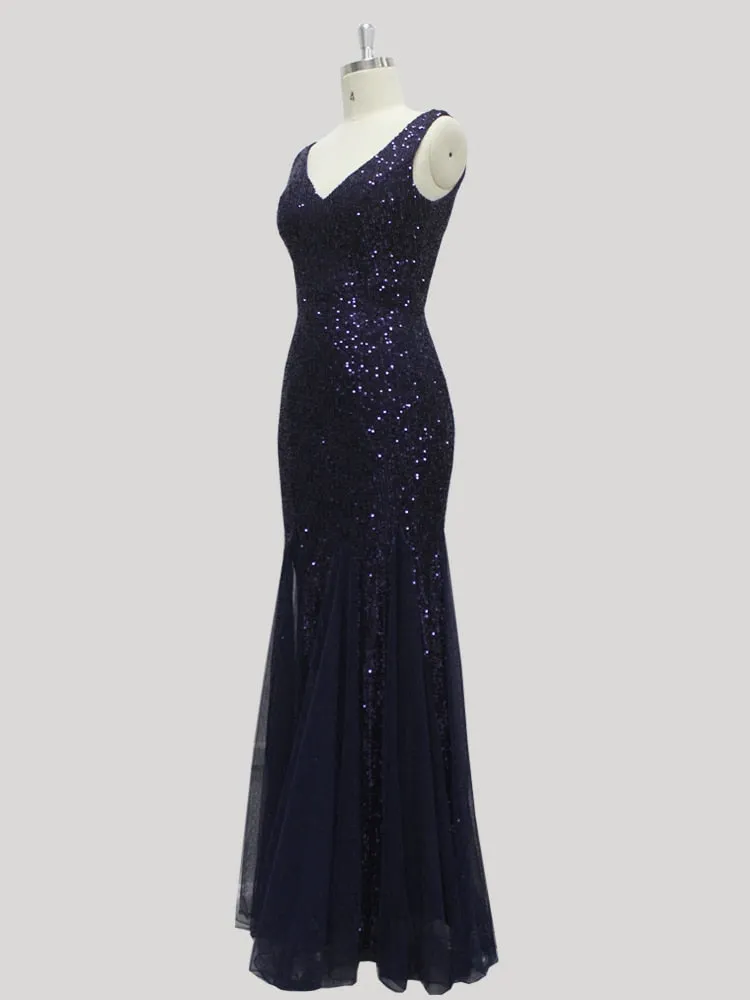 Stunningly sequined  metallic V neck mermaid floor length formal  gown
