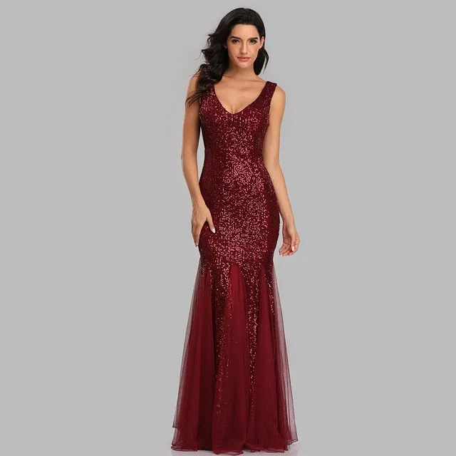 Stunningly sequined  metallic V neck mermaid floor length formal  gown