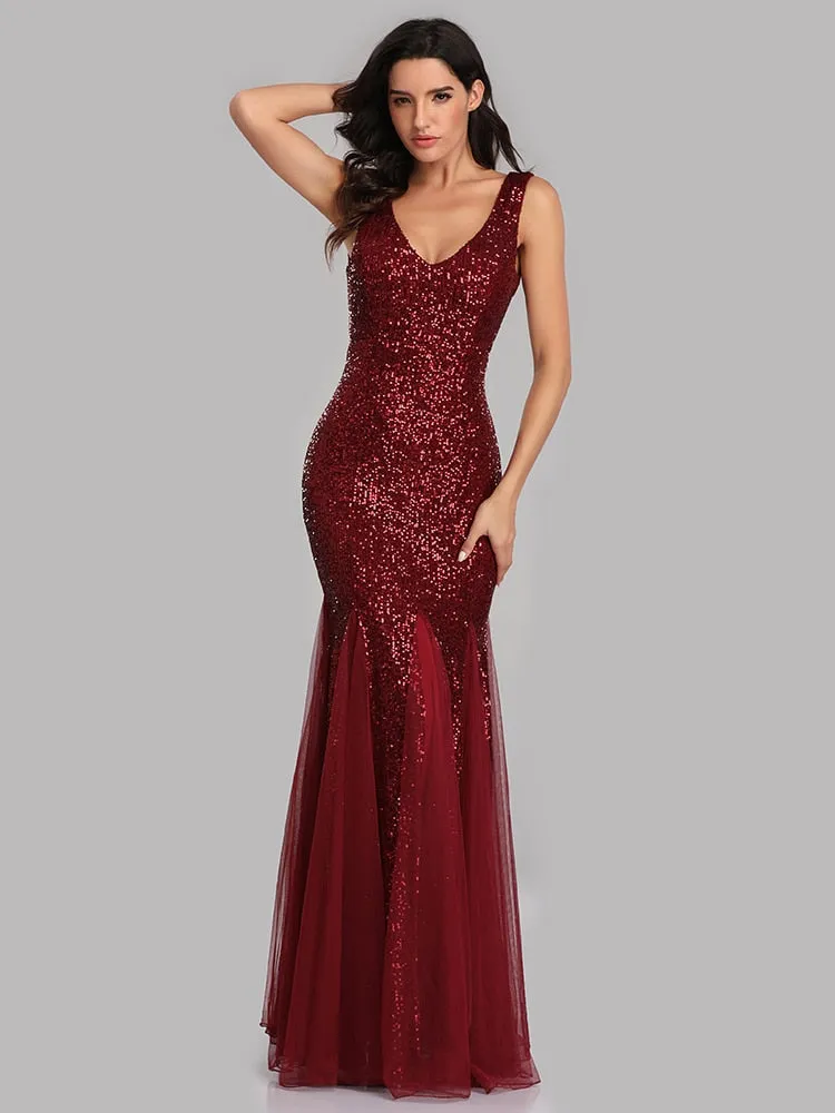 Stunningly sequined  metallic V neck mermaid floor length formal  gown