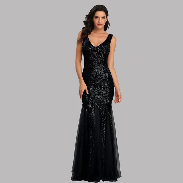 Stunningly sequined  metallic V neck mermaid floor length formal  gown
