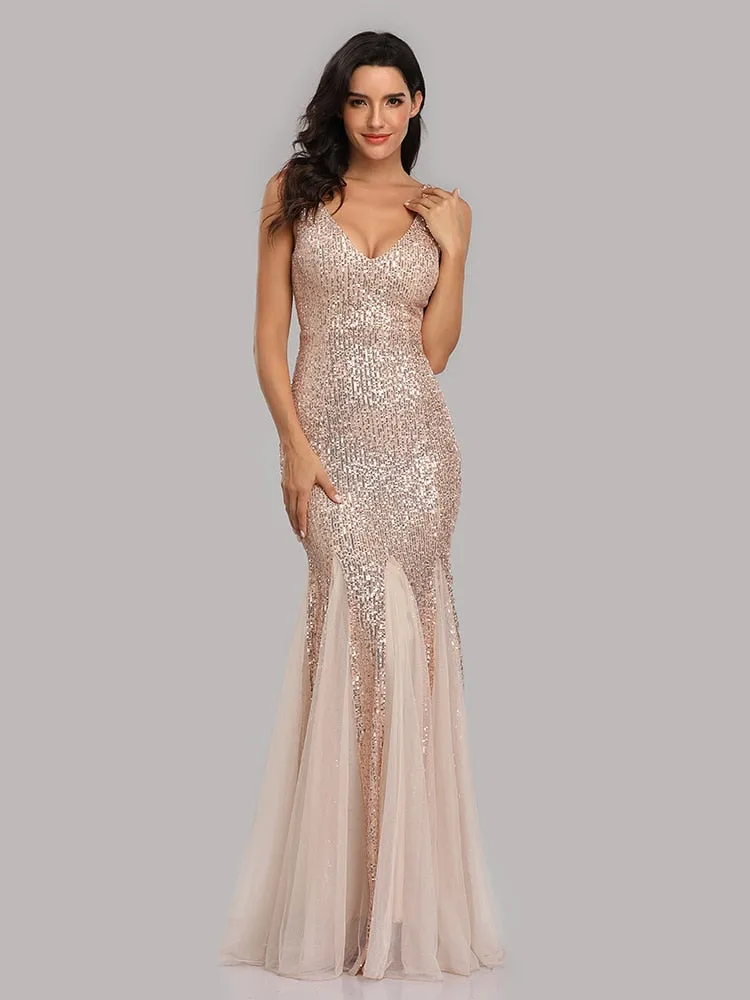 Stunningly sequined  metallic V neck mermaid floor length formal  gown