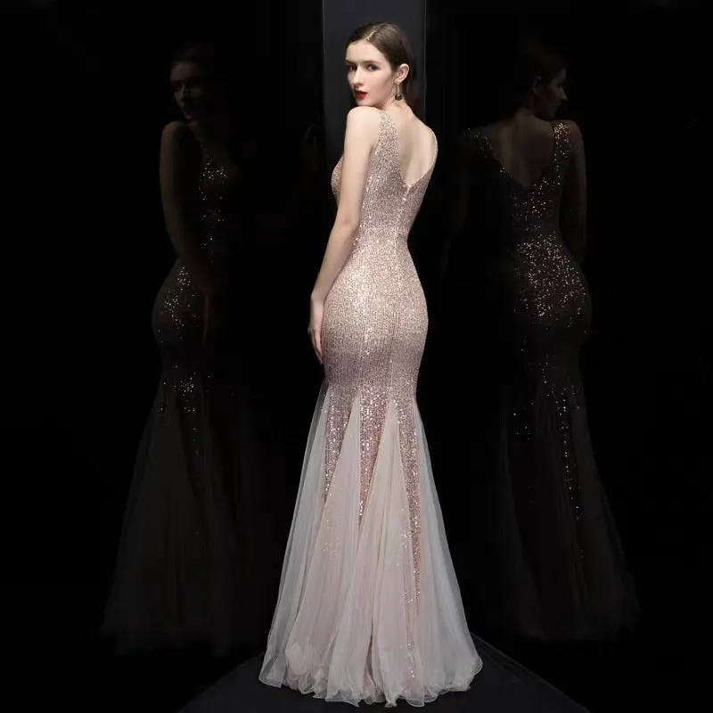 Stunningly sequined  metallic V neck mermaid floor length formal  gown