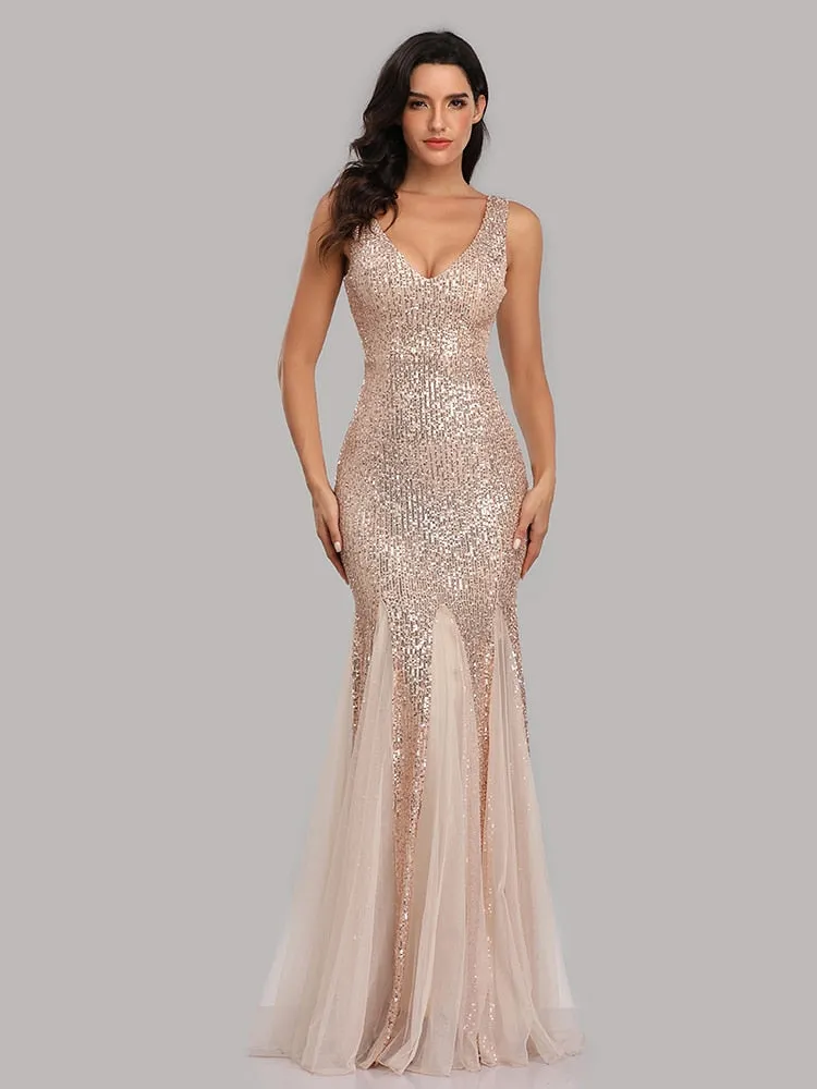 Stunningly sequined  metallic V neck mermaid floor length formal  gown
