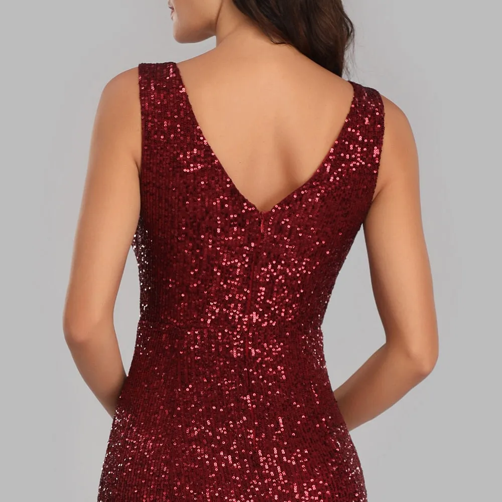 Stunningly sequined  metallic V neck mermaid floor length formal  gown