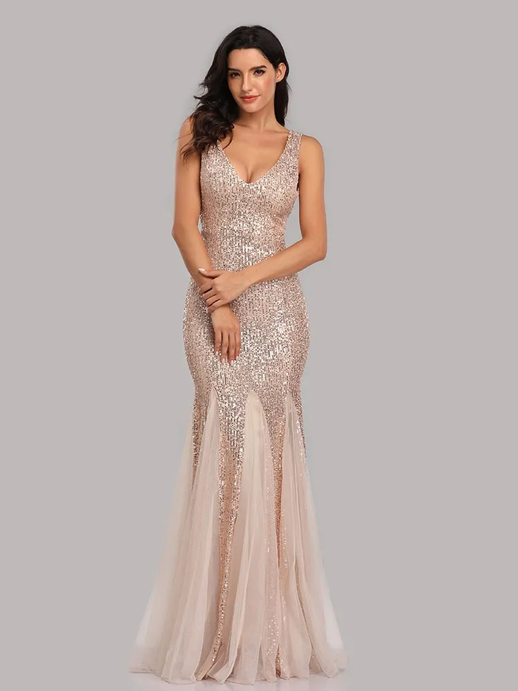 Stunningly sequined  metallic V neck mermaid floor length formal  gown