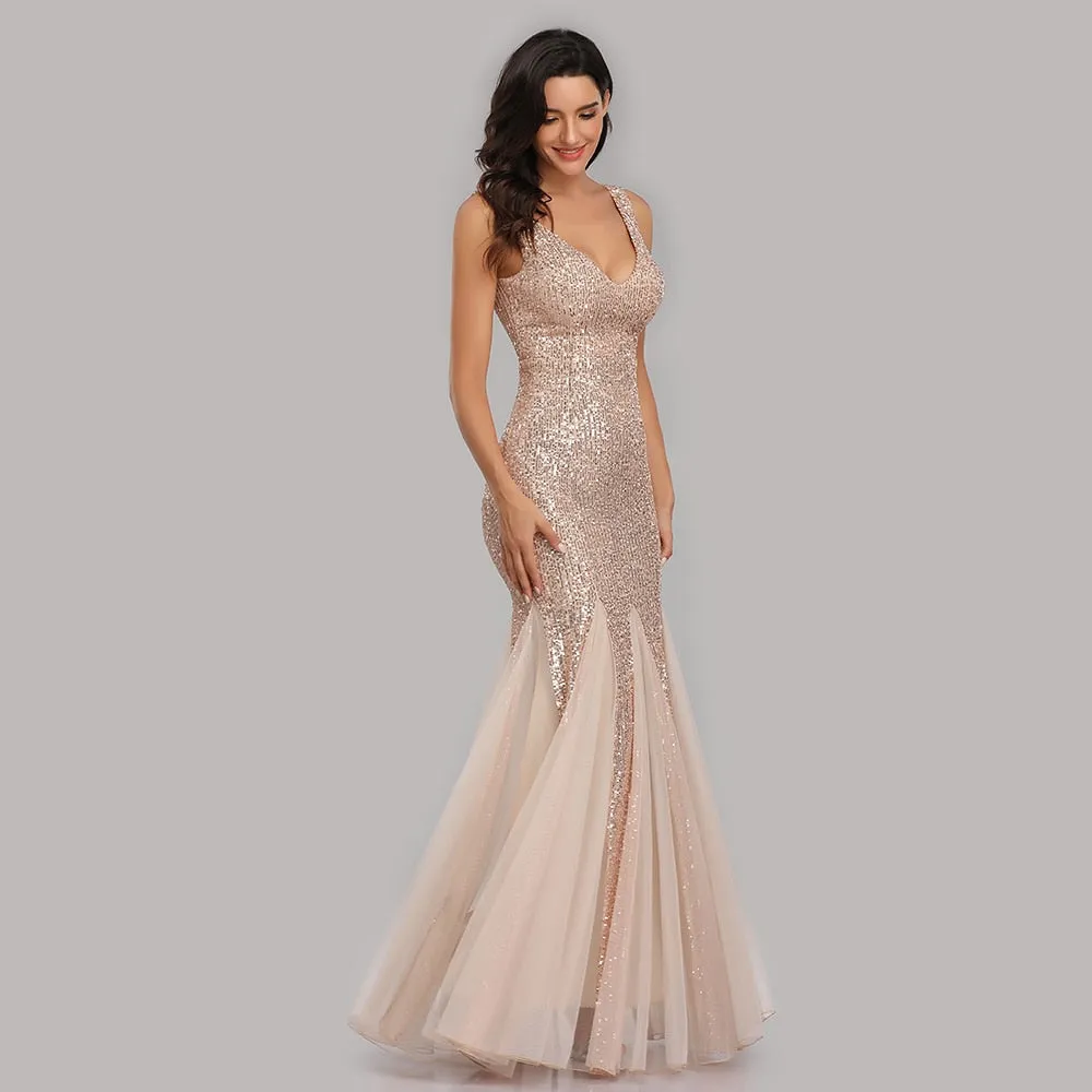 Stunningly sequined  metallic V neck mermaid floor length formal  gown