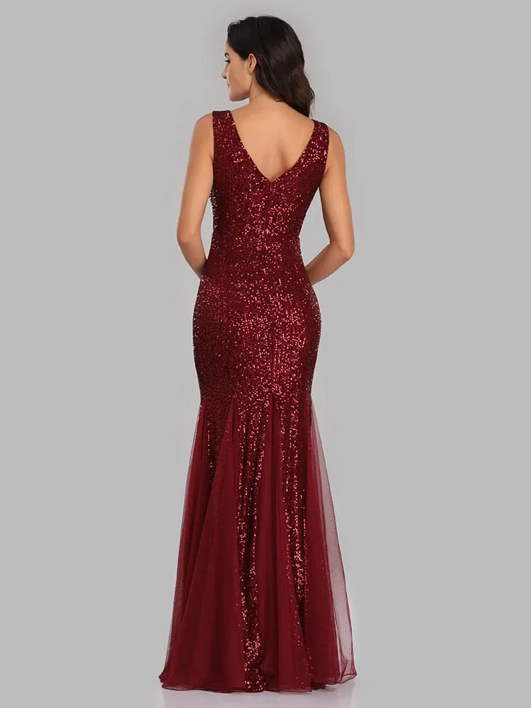 Stunningly sequined  metallic V neck mermaid floor length formal  gown