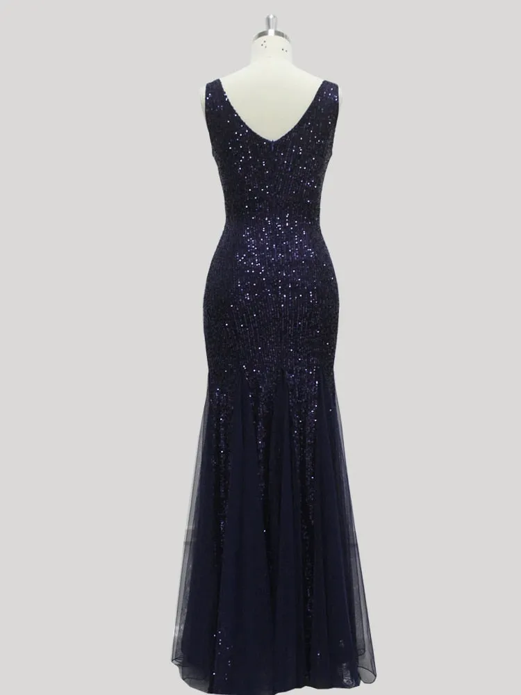 Stunningly sequined  metallic V neck mermaid floor length formal  gown