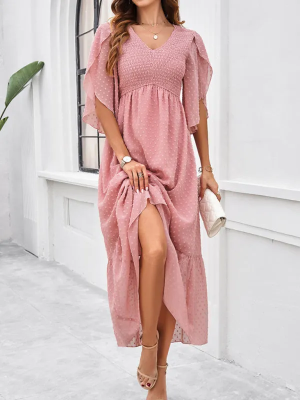 Swiss Dot Cocktail Dress with Flounce Sleeves & High Waist