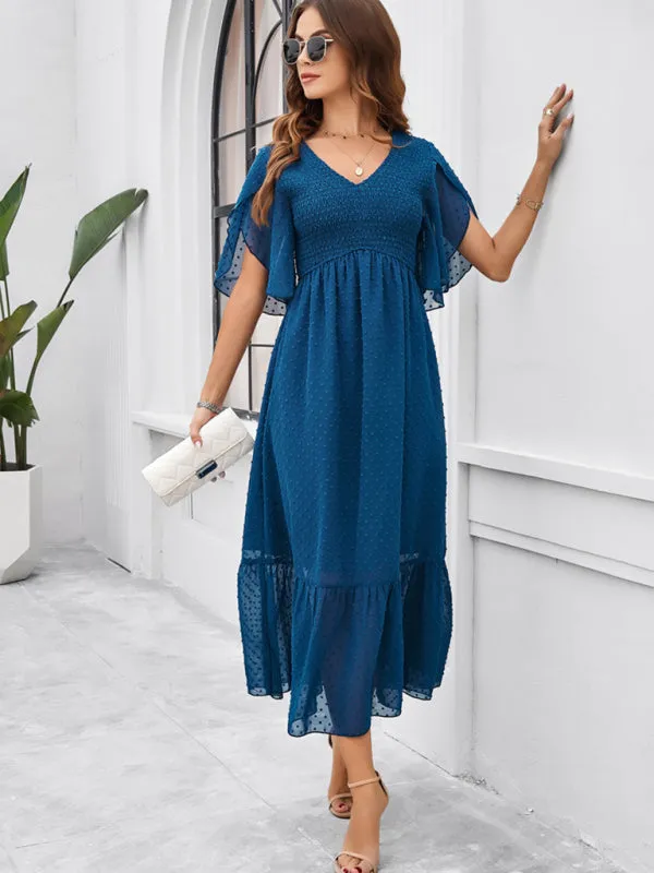 Swiss Dot Cocktail Dress with Flounce Sleeves & High Waist