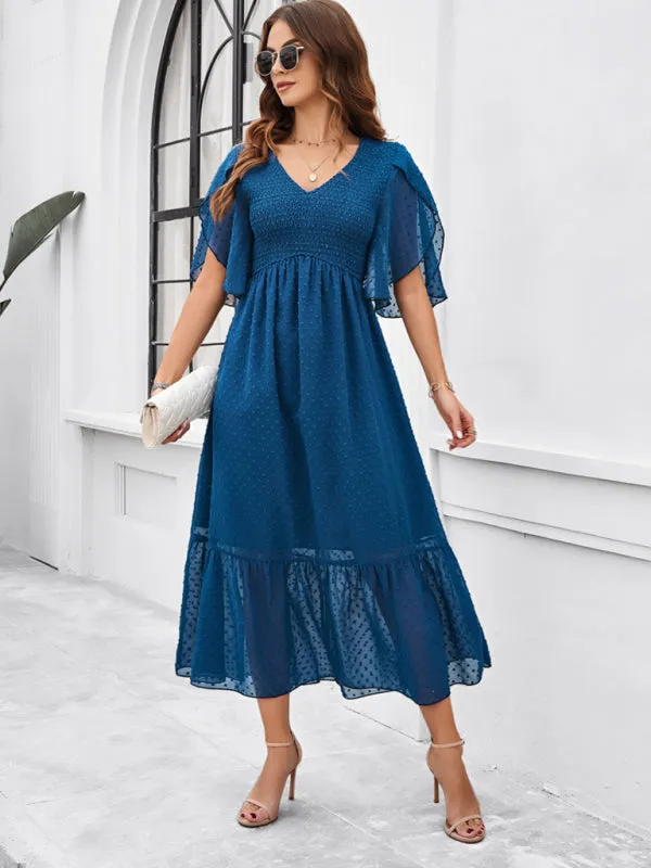 Swiss Dot Cocktail Dress with Flounce Sleeves & High Waist