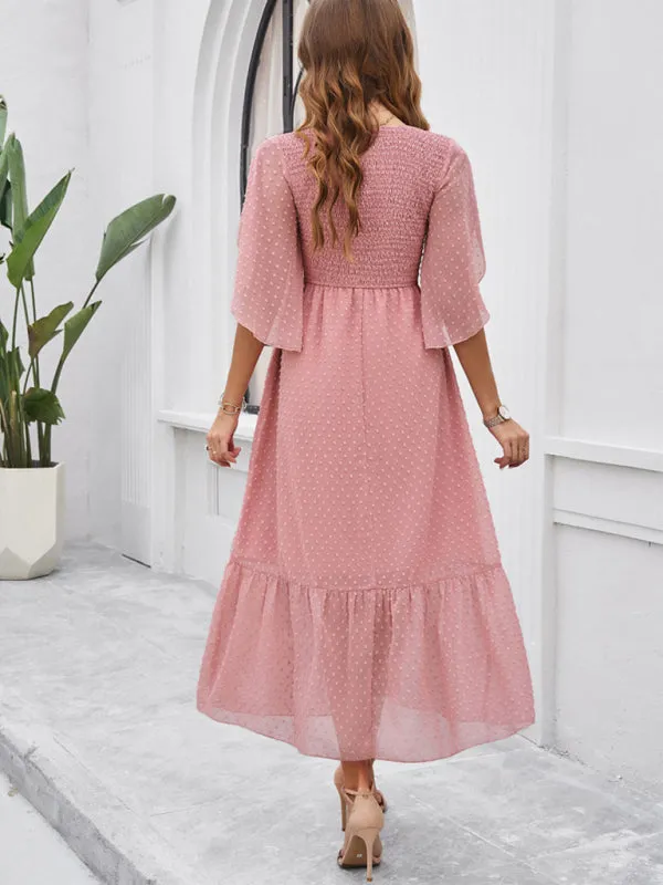 Swiss Dot Cocktail Dress with Flounce Sleeves & High Waist