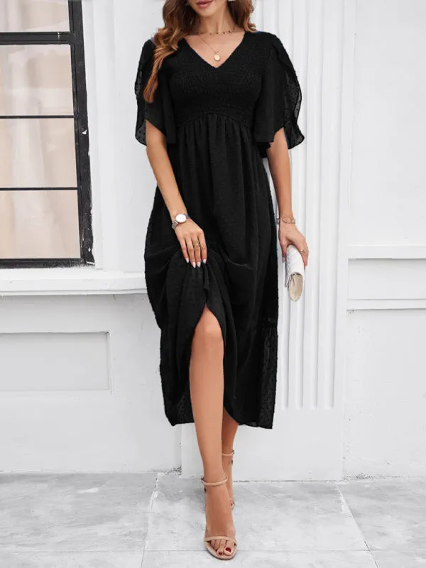 Swiss Dot Cocktail Dress with Flounce Sleeves & High Waist