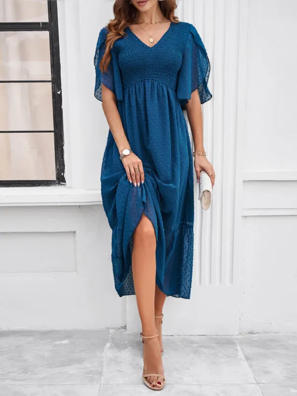 Swiss Dot Cocktail Dress with Flounce Sleeves & High Waist