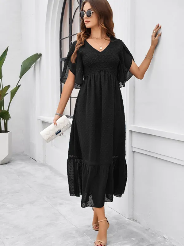 Swiss Dot Cocktail Dress with Flounce Sleeves & High Waist