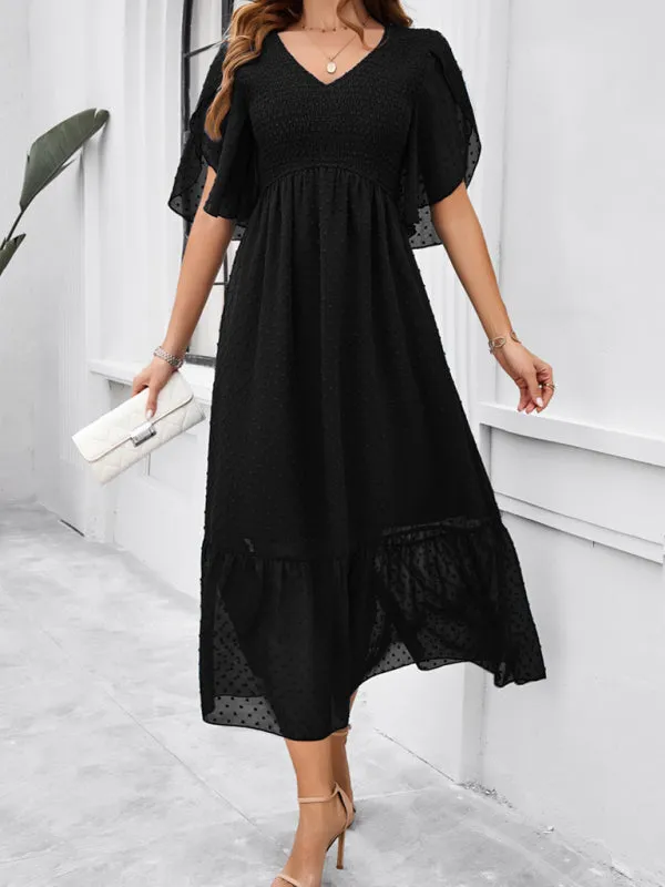 Swiss Dot Cocktail Dress with Flounce Sleeves & High Waist