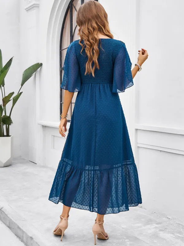 Swiss Dot Cocktail Dress with Flounce Sleeves & High Waist