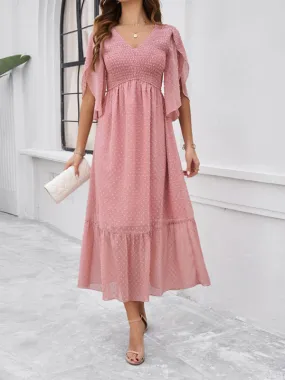 Swiss Dot Cocktail Dress with Flounce Sleeves & High Waist