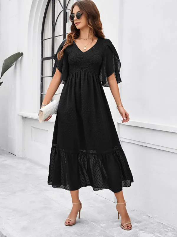 Swiss Dot Cocktail Dress with Flounce Sleeves & High Waist