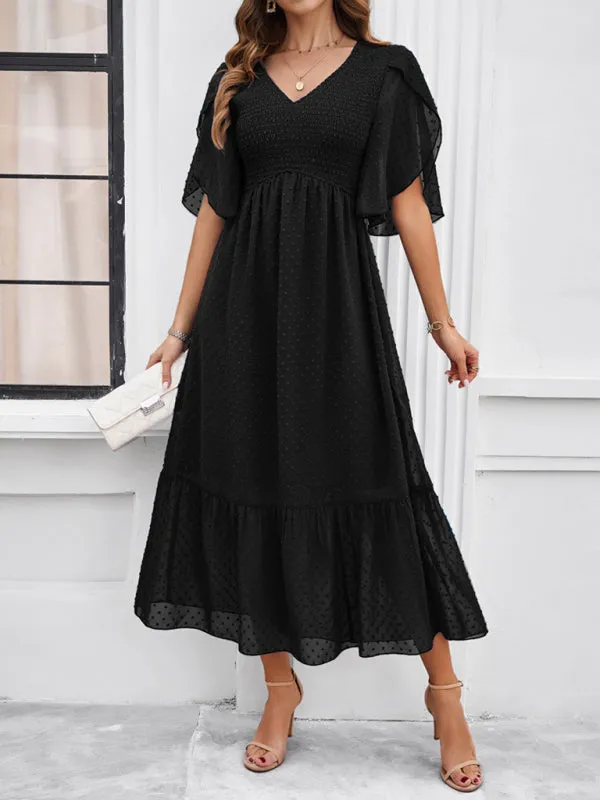 Swiss Dot Cocktail Dress with Flounce Sleeves & High Waist