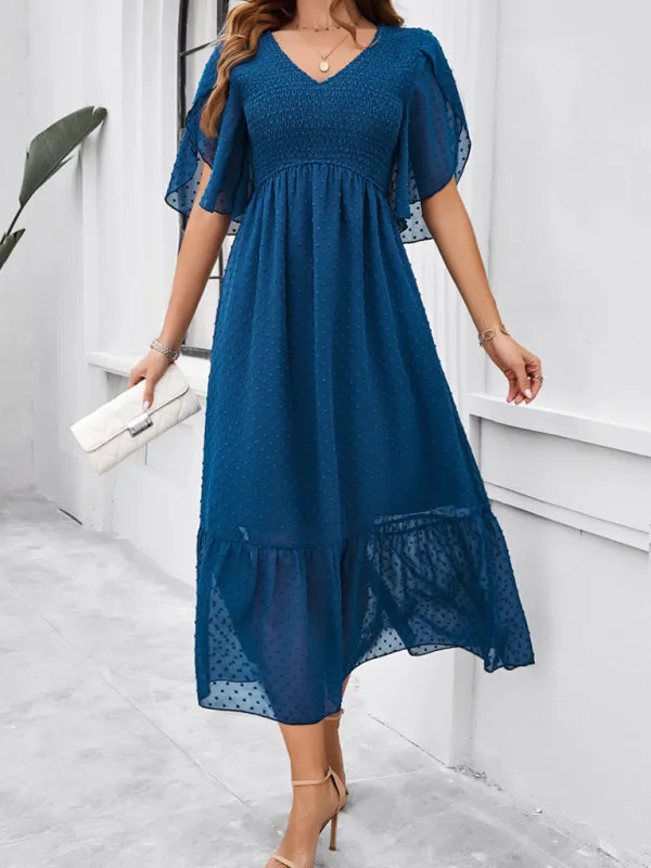 Swiss Dot Cocktail Dress with Flounce Sleeves & High Waist