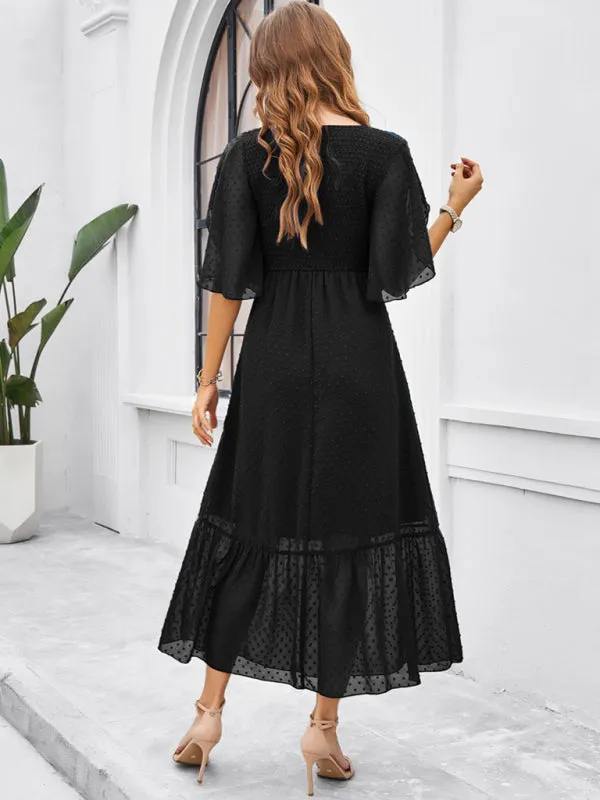 Swiss Dot Cocktail Dress with Flounce Sleeves & High Waist