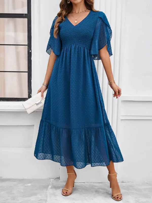 Swiss Dot Cocktail Dress with Flounce Sleeves & High Waist