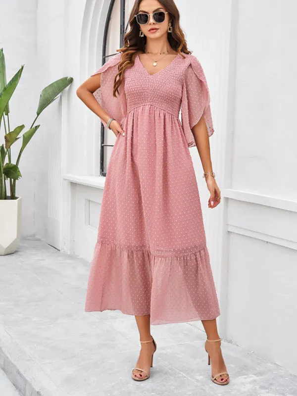 Swiss Dot Cocktail Dress with Flounce Sleeves & High Waist