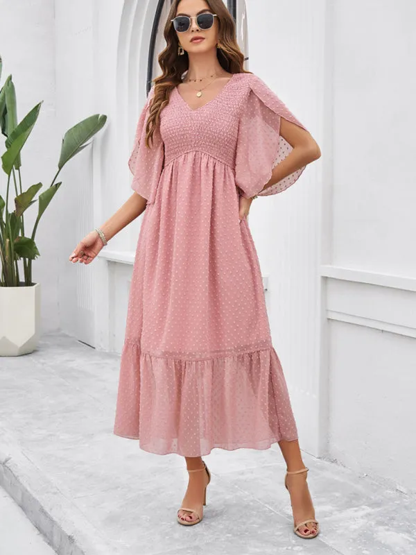 Swiss Dot Cocktail Dress with Flounce Sleeves & High Waist