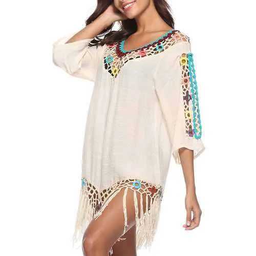 Tassel 3D Hook Flower Beach Sun Protection Cover-Ups