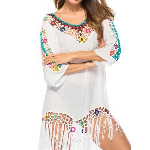 Tassel 3D Hook Flower Beach Sun Protection Cover-Ups