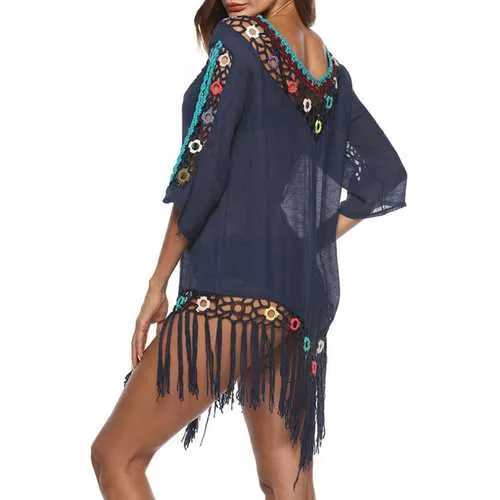 Tassel 3D Hook Flower Beach Sun Protection Cover-Ups