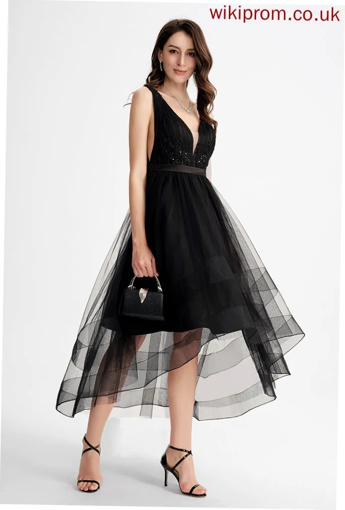 Tulle Cocktail A-Line Cocktail Dresses With Dress V-neck Asymmetrical Sequins Skye Lace