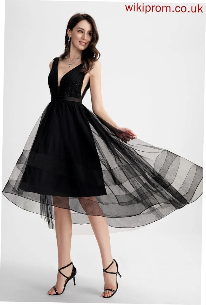 Tulle Cocktail A-Line Cocktail Dresses With Dress V-neck Asymmetrical Sequins Skye Lace