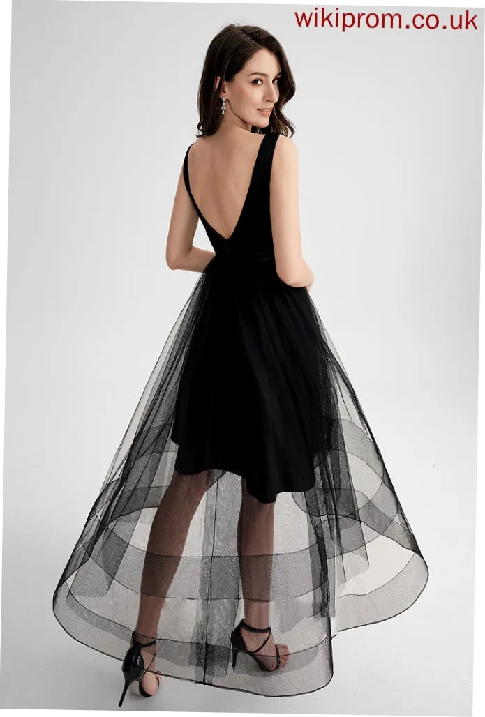 Tulle Cocktail A-Line Cocktail Dresses With Dress V-neck Asymmetrical Sequins Skye Lace