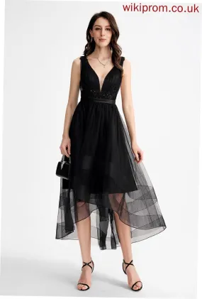 Tulle Cocktail A-Line Cocktail Dresses With Dress V-neck Asymmetrical Sequins Skye Lace
