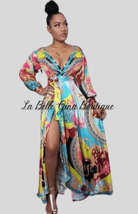 Vanette sexy printed straps long sleeves slit Maxi Dress-Multi-FINAL SALE