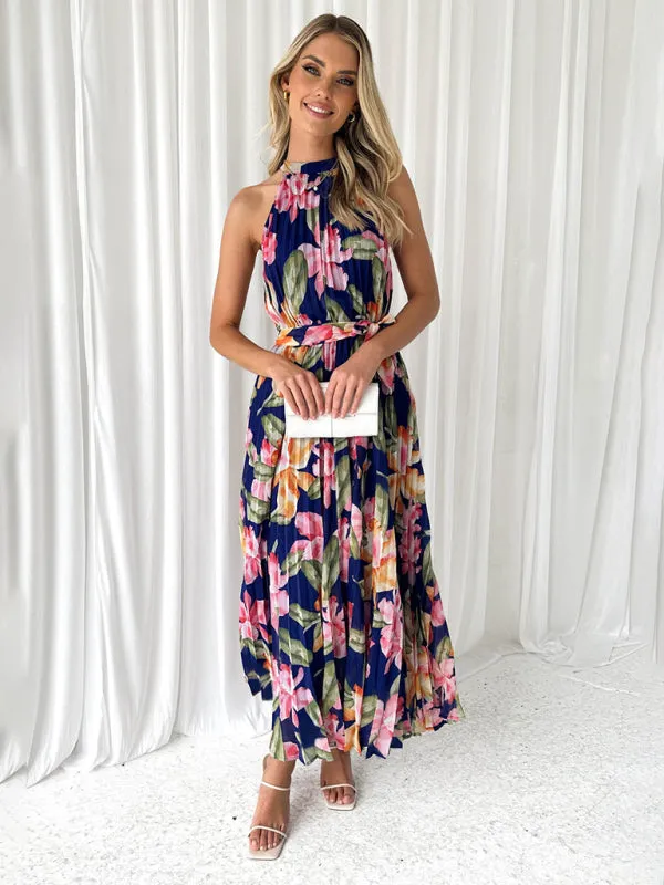 Wedding Guest Floral A-Line Pleated Plisse Sleeveless Midi Dress
