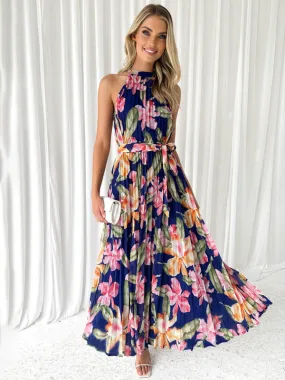 Wedding Guest Floral A-Line Pleated Plisse Sleeveless Midi Dress