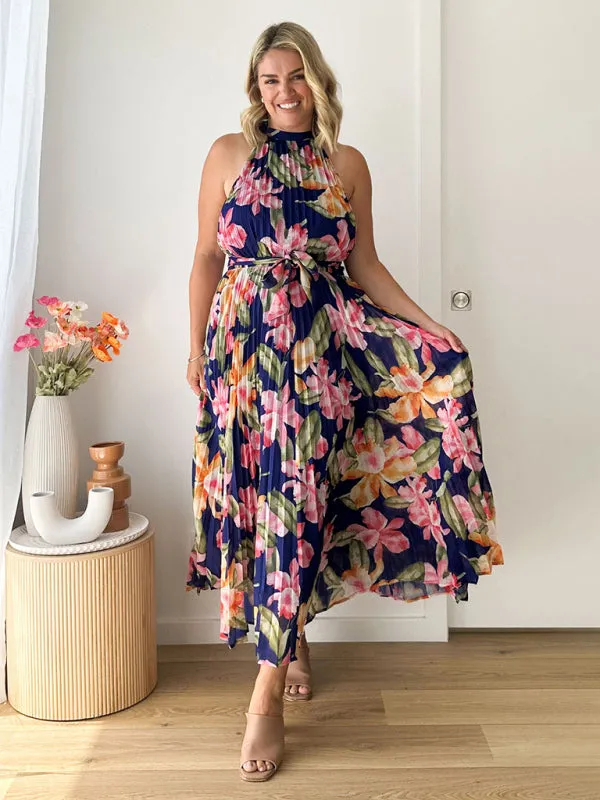 Wedding Guest Floral A-Line Pleated Plisse Sleeveless Midi Dress