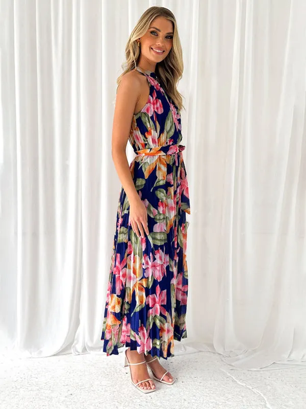 Wedding Guest Floral A-Line Pleated Plisse Sleeveless Midi Dress