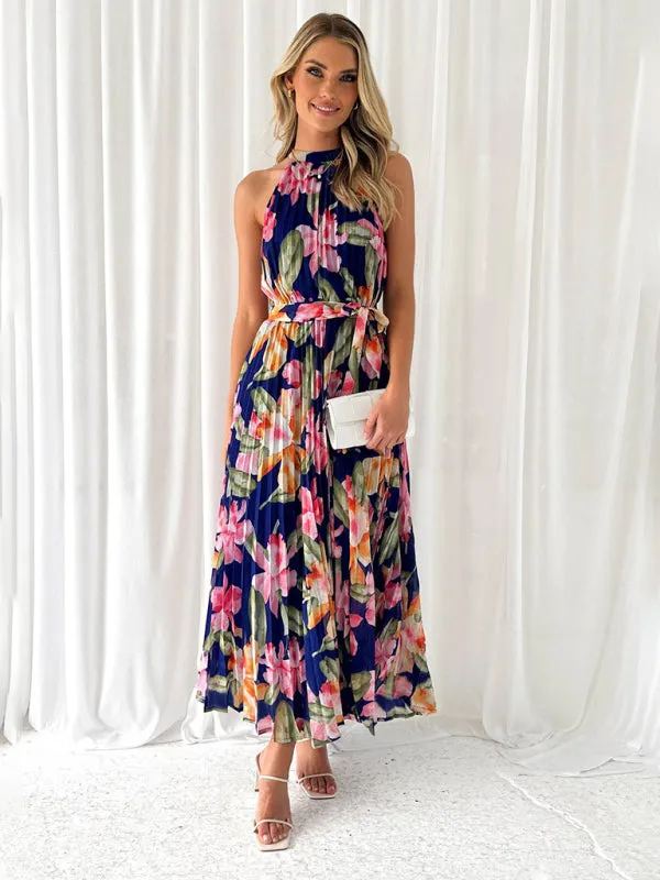Wedding Guest Floral A-Line Pleated Plisse Sleeveless Midi Dress