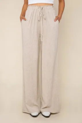 Wide Leg Rayon Linen Pant w/ Ruffle Waistband - Natural