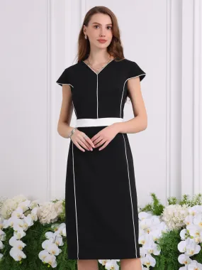 Women's Contrast Color Dresses Knee Length Office Cap Sleeve Sheath Dress