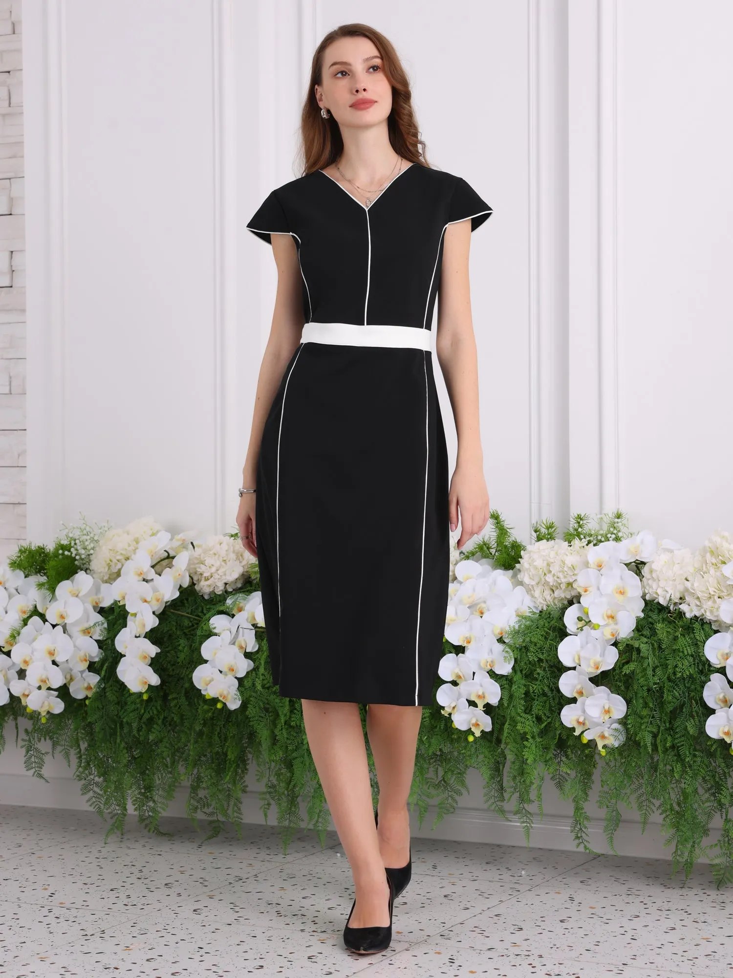Women's Contrast Color Dresses Knee Length Office Cap Sleeve Sheath Dress