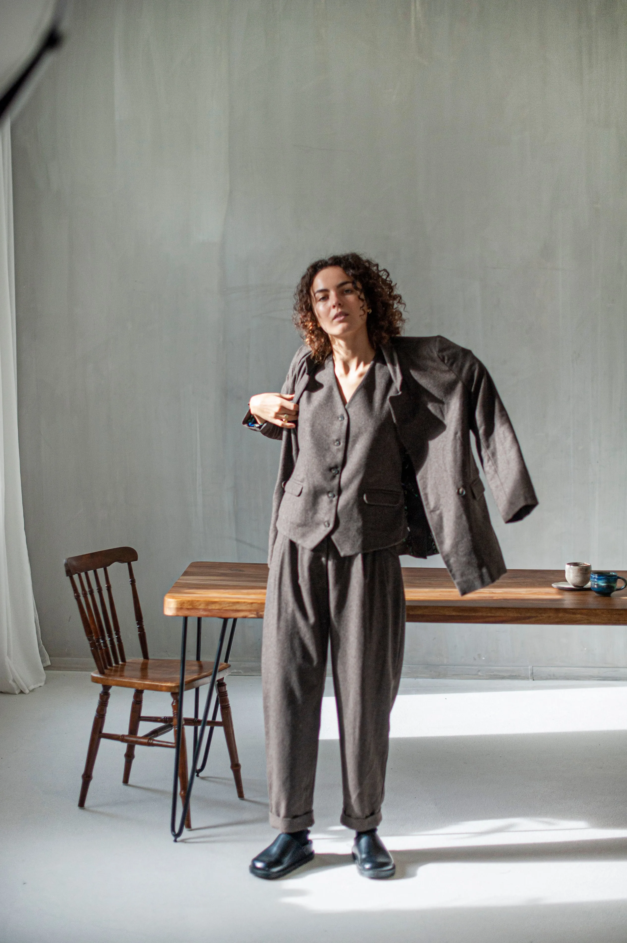 Women's three-piece tailored tweed wool pants suit