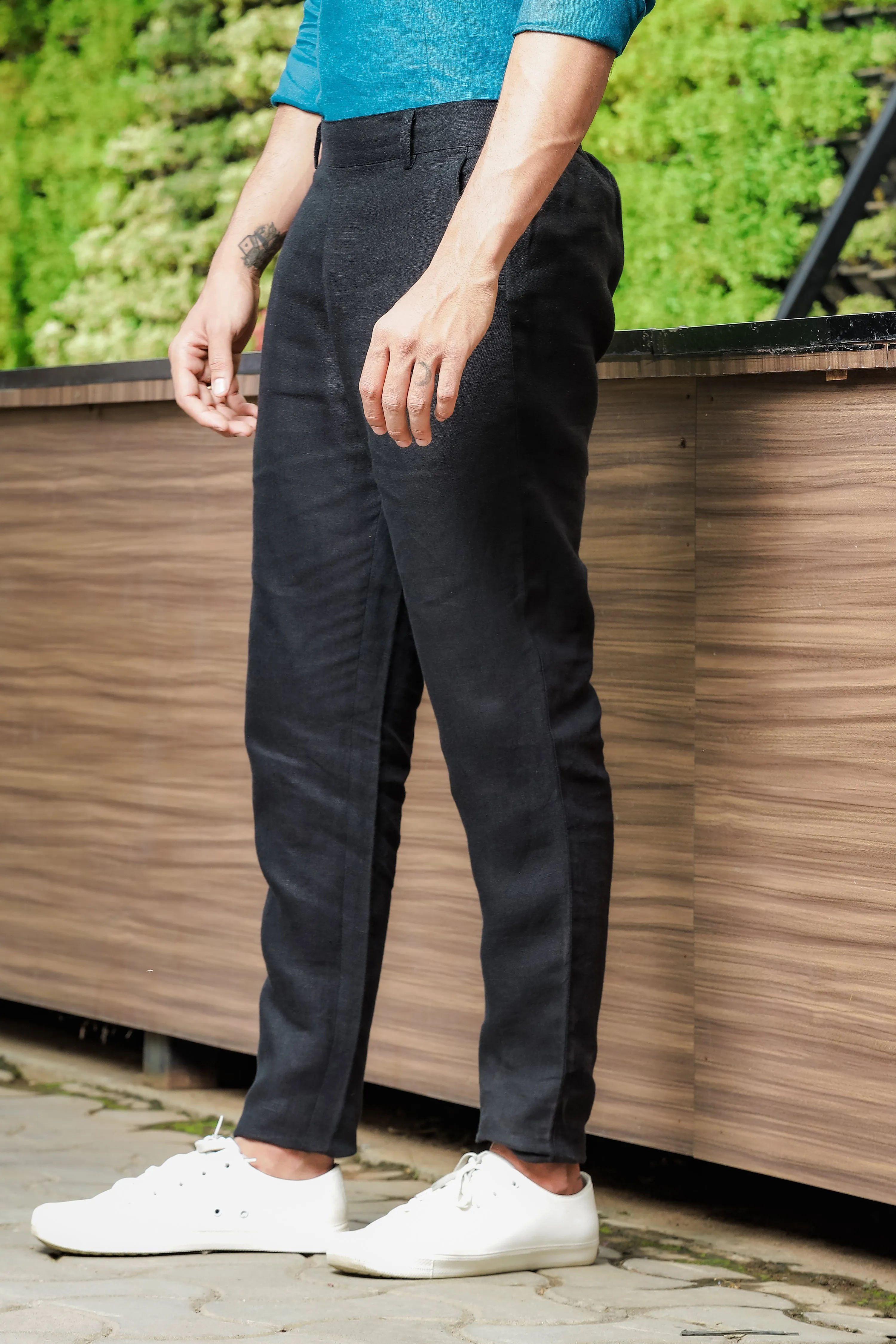 Zen Relaxed Elastic Pure Linen Trousers  Black